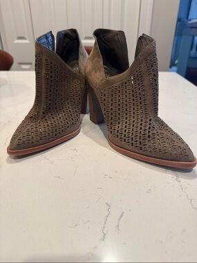 Franco Sarto Taupe Perforated Suede Pointed Ankle Booties